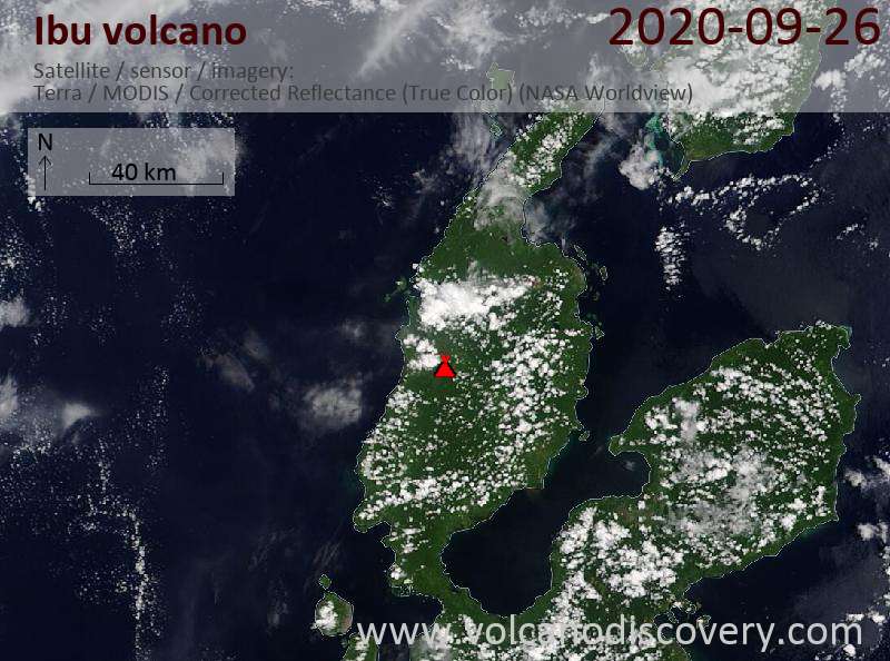 Satellitenbild des Ibu Vulkans am 26 Sep 2020