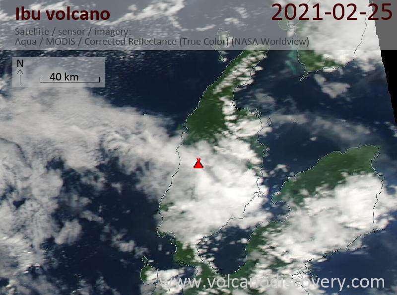 Satellitenbild des Ibu Vulkans am 25 Feb 2021
