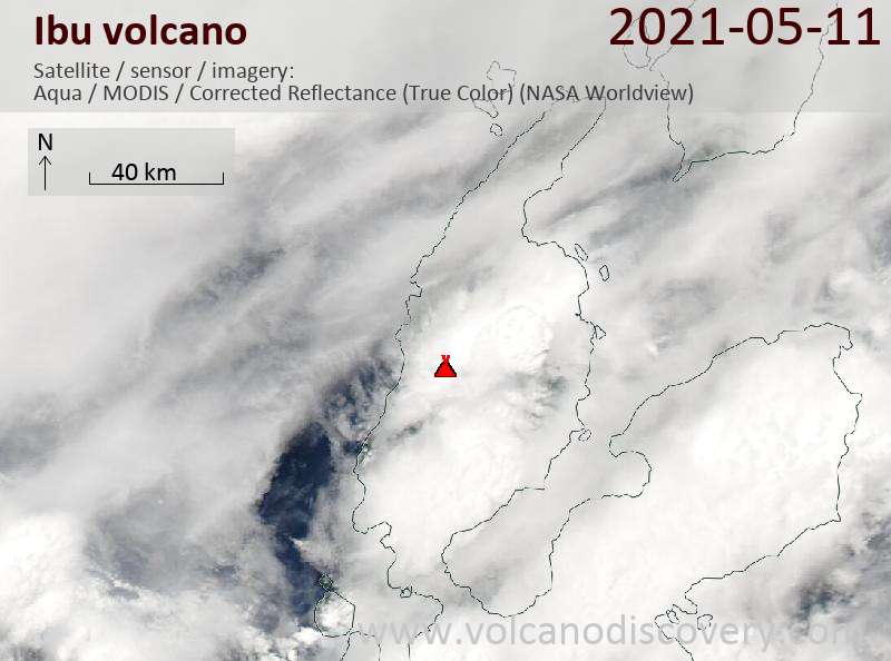 Satellitenbild des Ibu Vulkans am 11 May 2021