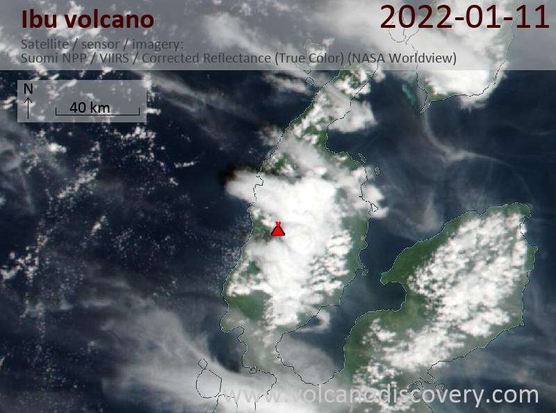 Satellitenbild des Ibu Vulkans am 11 Jan 2022
