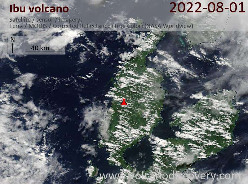 Satellite image of Ibu volcano on  2 Aug 2022