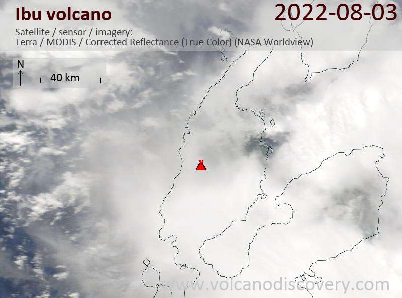 Спутниковое изображение вулкана Ibu  3 Aug 2022