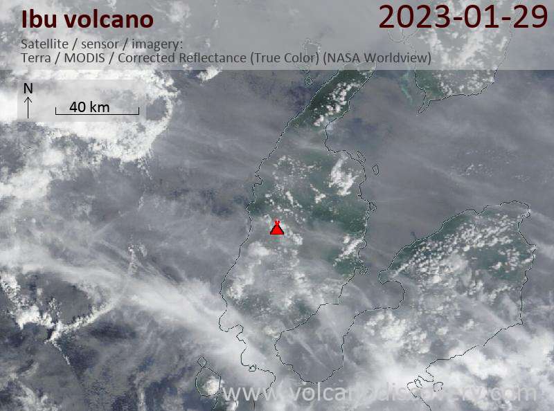 Satellitenbild des Ibu Vulkans am 29 Jan 2023