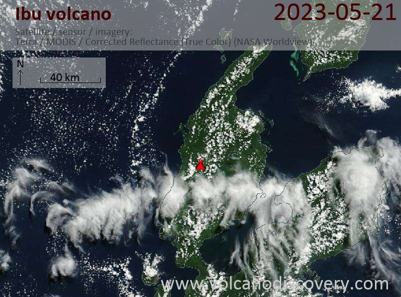 Satellite image of Ibu volcano on 21 May 2023