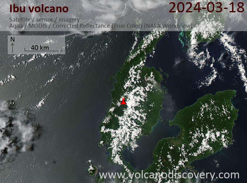 Imagen satelital del volcán Ibu el 18 de marzo de 2024