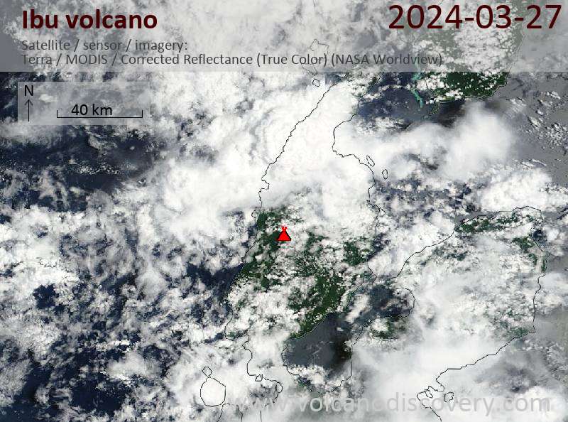Satellite image of Ibu volcano on 27 Mar 2024