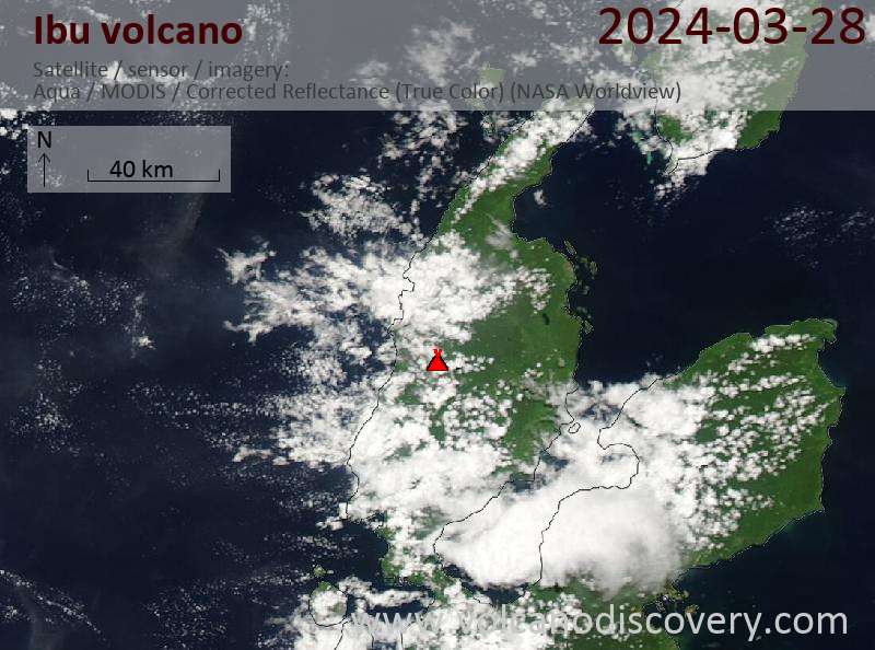 Satellitenbild des Ibu Vulkans am 28 Mar 2024