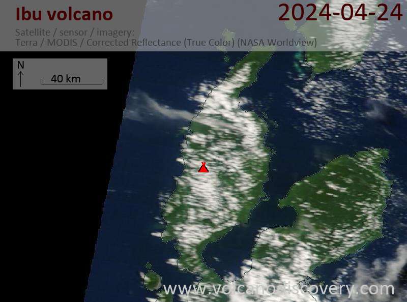 Satellitenbild des Ibu Vulkans am 24 Apr 2024