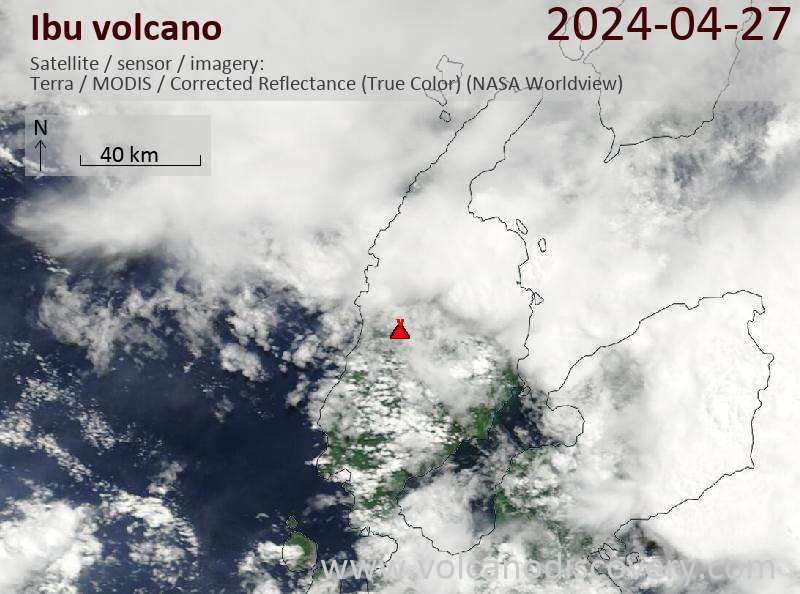 Satellite image of Ibu volcano on 27 Apr 2024
