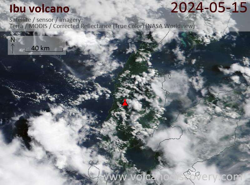 Satellitenbild des Ibu Vulkans am 15 May 2024