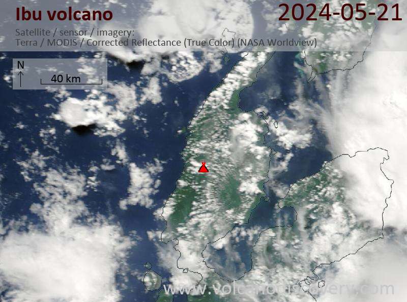 Satellitenbild des Ibu Vulkans am 21 May 2024