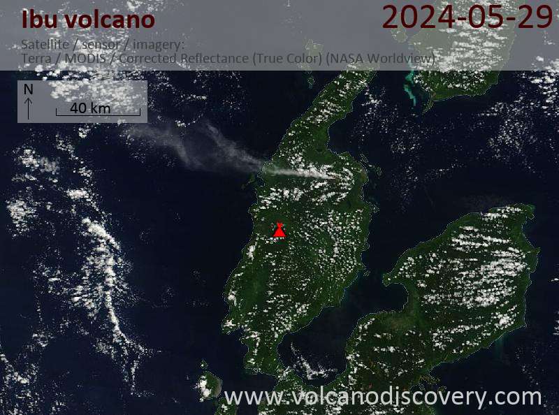 Satellitenbild des Ibu Vulkans am 29 May 2024