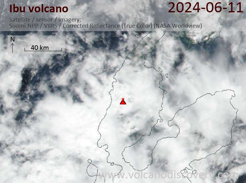 Satellitenbild des Ibu Vulkans am 11 Jun 2024