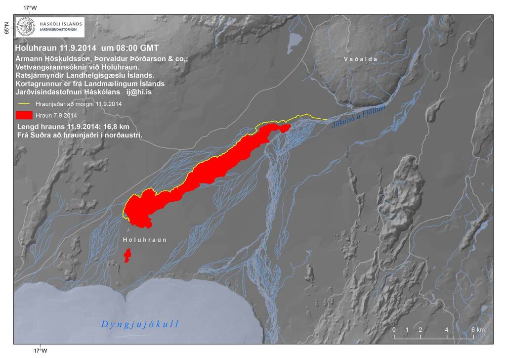 Updated map of the lava flows from the eruptive fissures (triangle) (IMO)