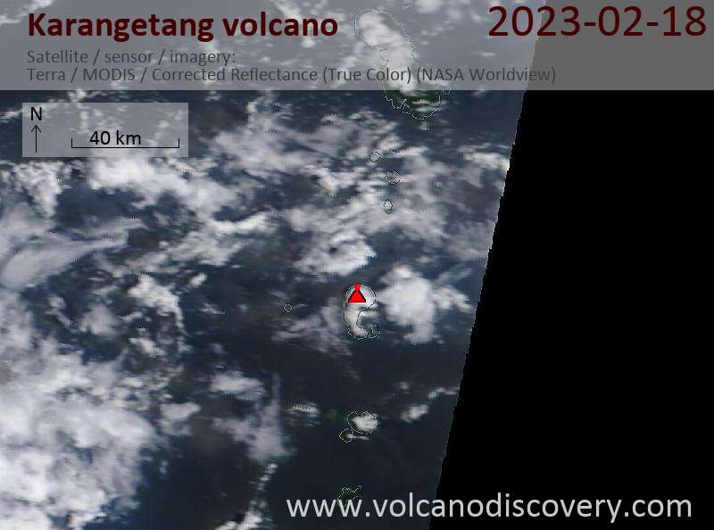 Satellite image of Karangetang volcano on 18 Feb 2023