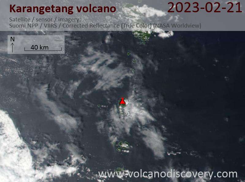 Satellite image of Karangetang volcano on 22 Feb 2023