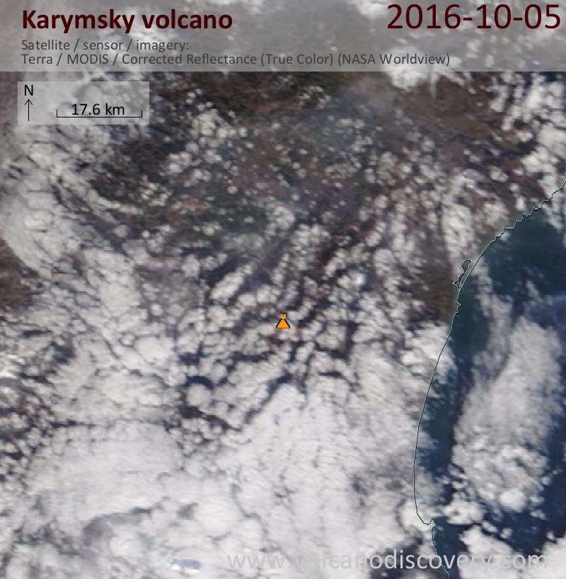Satellite image of Karymsky volcano on  5 Oct 2016