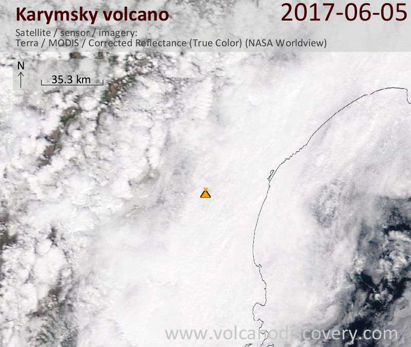 Satellite image of Karymsky volcano on  5 Jun 2017