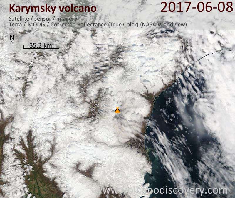 Satellite image of Karymsky volcano on  8 Jun 2017