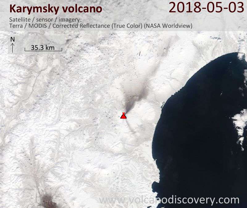 Satellite image of Karymsky volcano on  3 May 2018