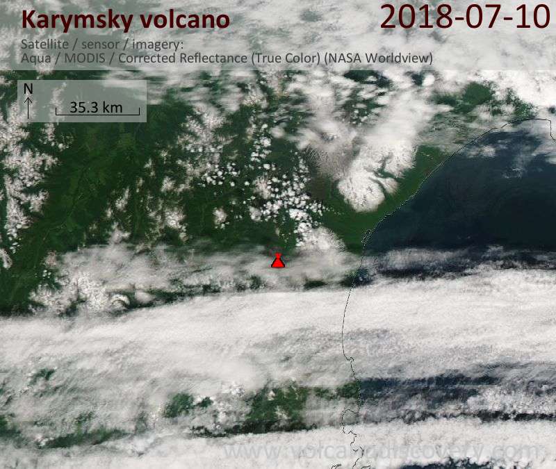 Satellite image of Karymsky volcano on 10 Jul 2018