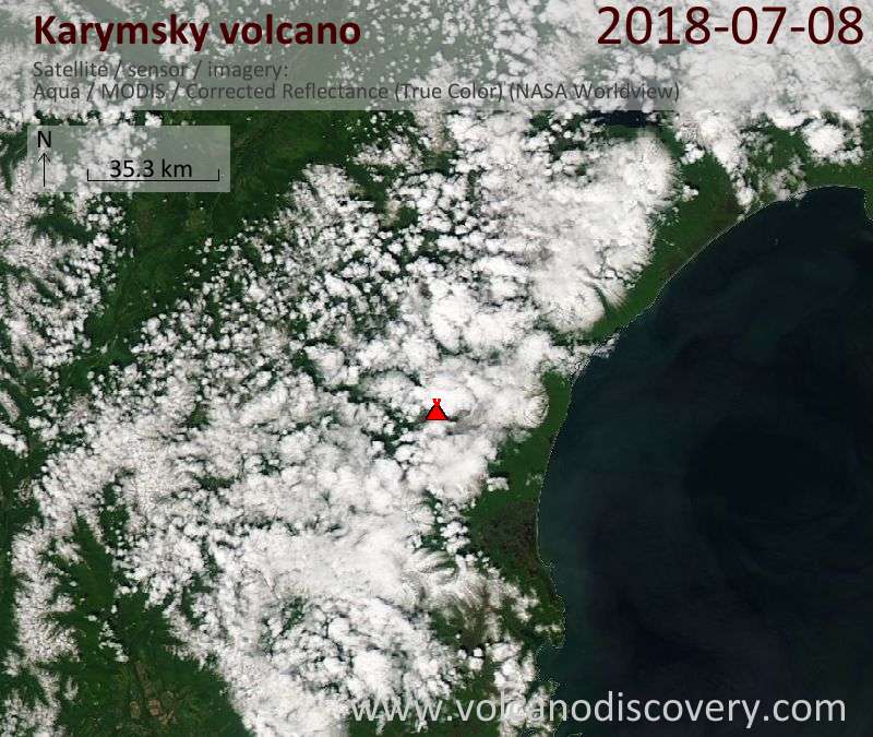 Satellite image of Karymsky volcano on  8 Jul 2018