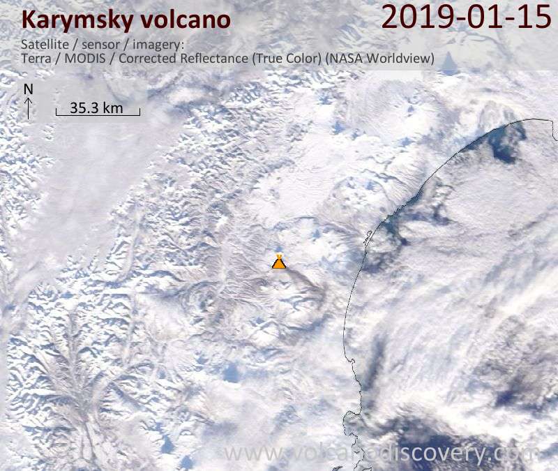 Satellite image of Karymsky volcano on 15 Jan 2019