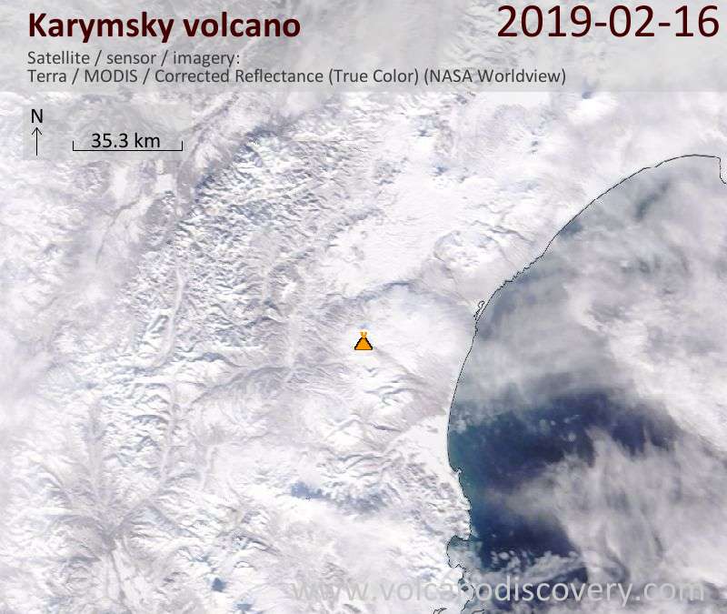 Satellite image of Karymsky volcano on 16 Feb 2019