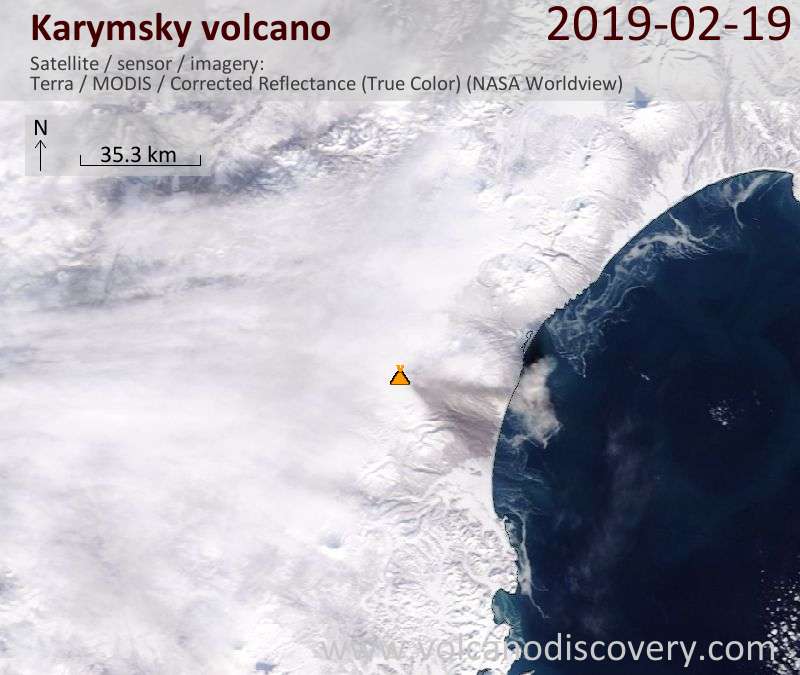 Satellitenbild des Karymsky Vulkans am 19 Feb 2019