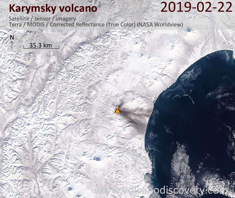 Satellite image of Karymsky showing the ash deposit east of the volcano as gray layer