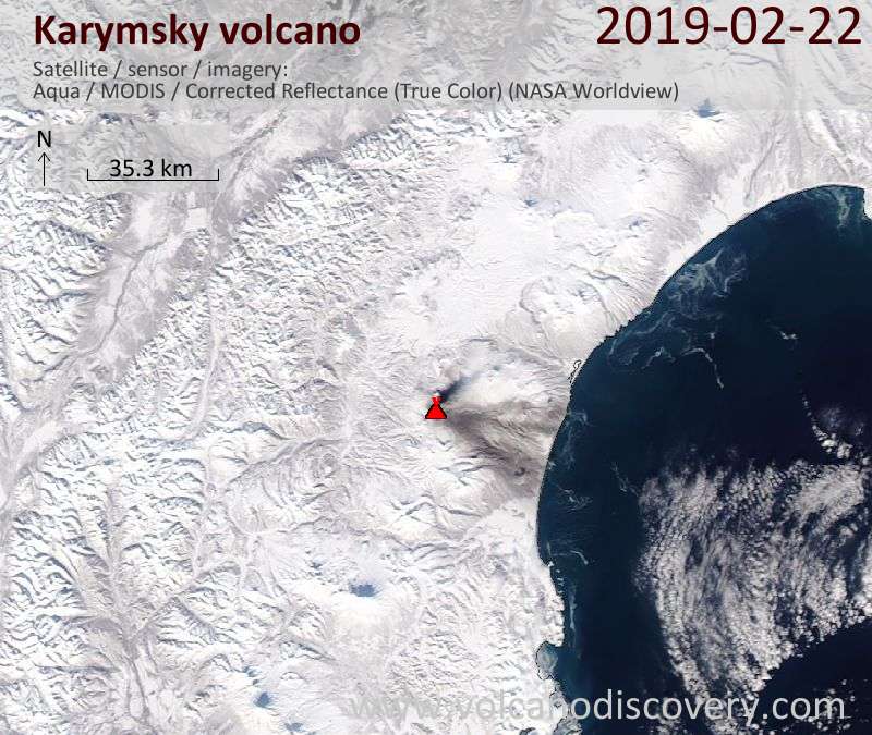 Satellitenbild des Karymsky Vulkans am 23 Feb 2019