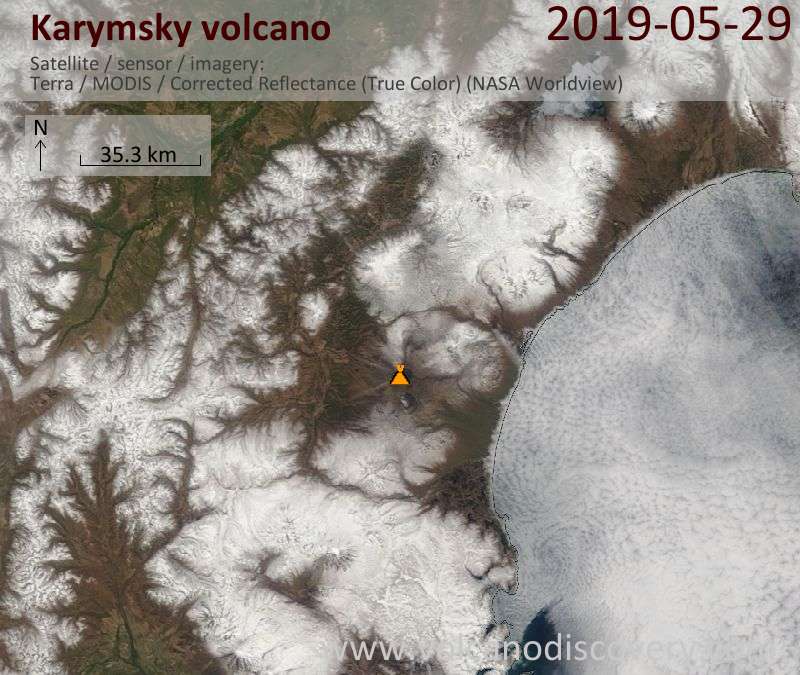 Satellite image of Karymsky volcano on 29 May 2019