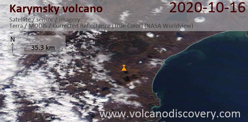 Satellitenbild des Karymsky Vulkans am 16 Oct 2020