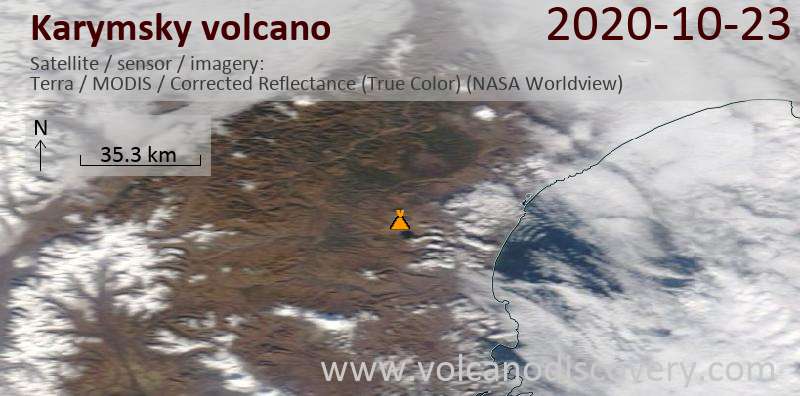 Satellitenbild des Karymsky Vulkans am 23 Oct 2020