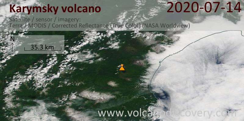 Satellitenbild des Karymsky Vulkans am 14 Jul 2020