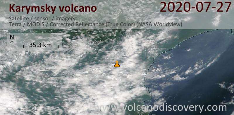 Satellitenbild des Karymsky Vulkans am 27 Jul 2020