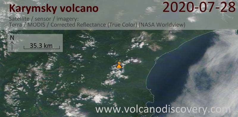Satellitenbild des Karymsky Vulkans am 28 Jul 2020