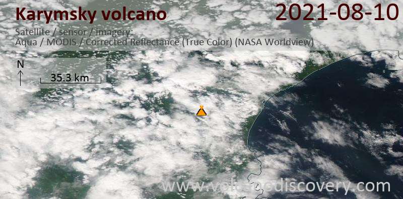 Satellitenbild des Karymsky Vulkans am 10 Aug 2021