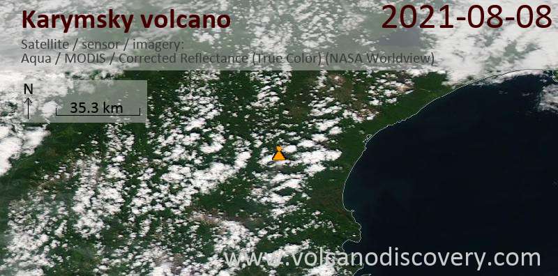 Satellite image of Karymsky volcano on  8 Aug 2021