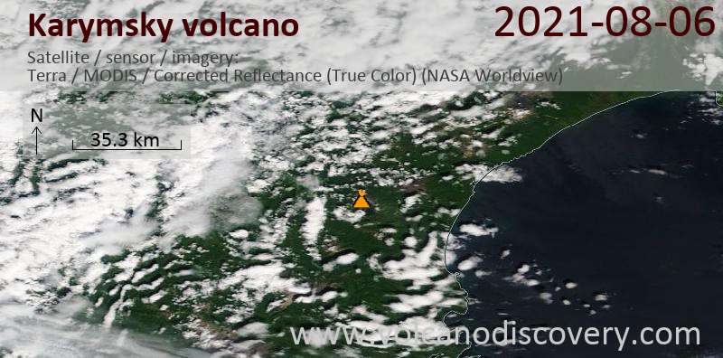 Satellite image of Karymsky volcano on  9 Aug 2021