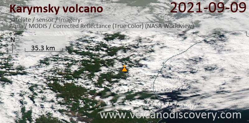 Satellite image of Karymsky volcano on  9 Sep 2021