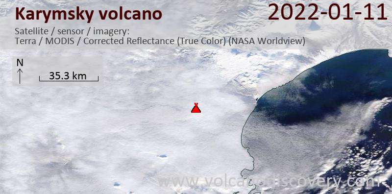 Satellite image of Karymsky volcano on 12 Jan 2022