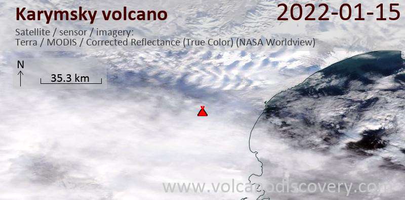Satellite image of Karymsky volcano on 15 Jan 2022