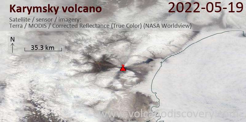 Satellite image of Karymsky volcano on 19 May 2022