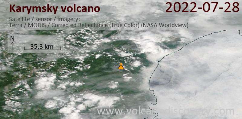 Спутниковое изображение вулкана Karymsky 28 Jul 2022