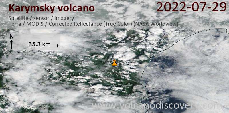 Спутниковое изображение вулкана Karymsky 29 Jul 2022