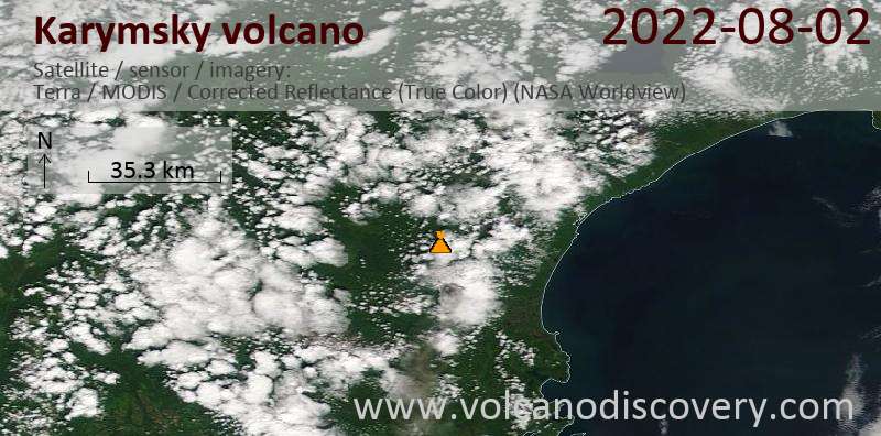 Спутниковое изображение вулкана Karymsky  2 Aug 2022