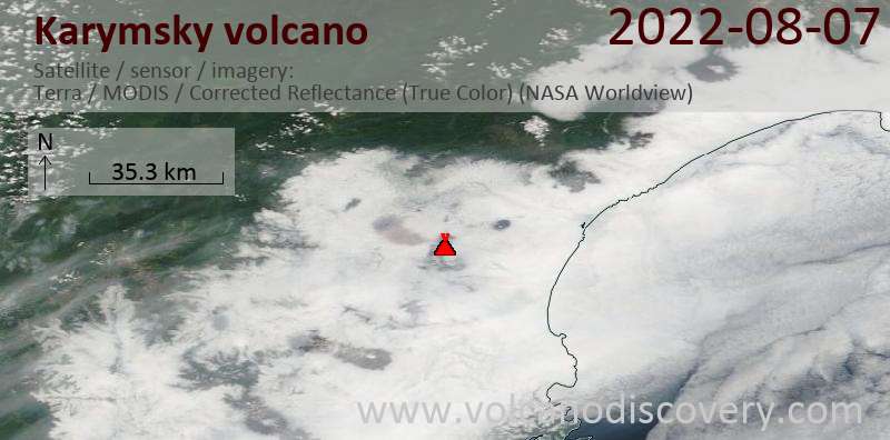 Спутниковое изображение вулкана Karymsky  7 Aug 2022
