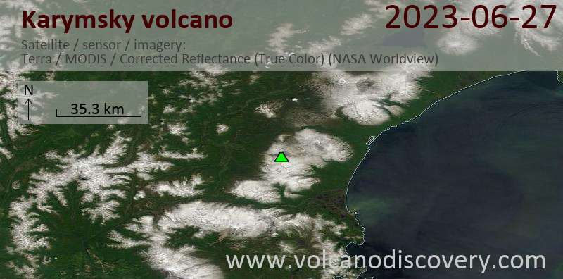 Satellite image of Karymsky volcano on 27 Jun 2023