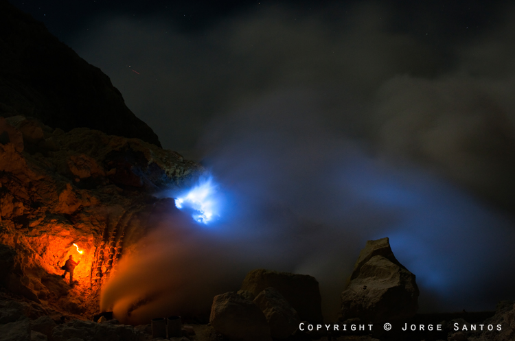 Ijen-Two miners on a rotating share/basis are always on duty tending the fires